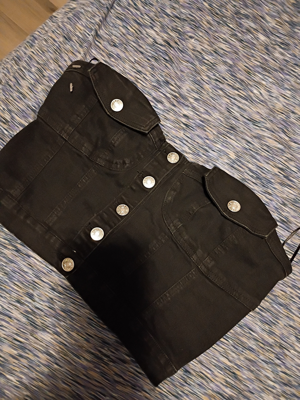 Black Strapless Denim Crop Top with Silver Buttons